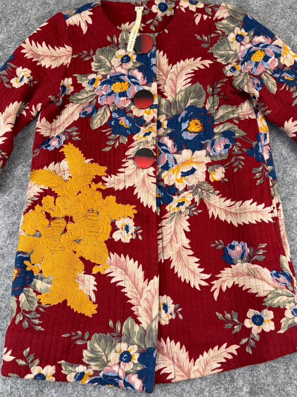 Uncle Frank Quilted Floral Jacket Coat Size S Red Burgundy Embroidery Buttons